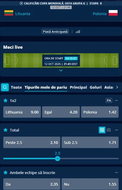 Cote pariuri Lituania vs Polonia