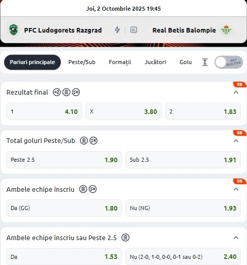 Cote pariuri Ludogorets vs Betis
