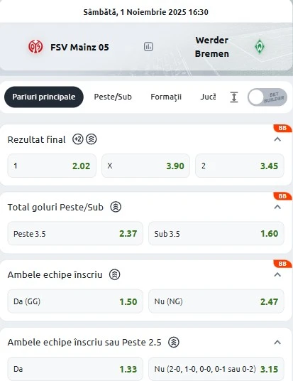 Cote pariuri Mainz vs Bremen