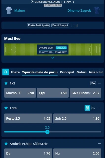 Cote pariuri Malmo FF - Dinamo Zagreb