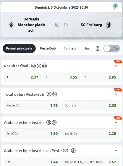 Cote pariuri Monchengladbach vs Freiburg