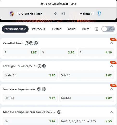 Cote pariuri Plzen vs Malmo