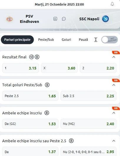 Cote pariuri PSV vs Napoli