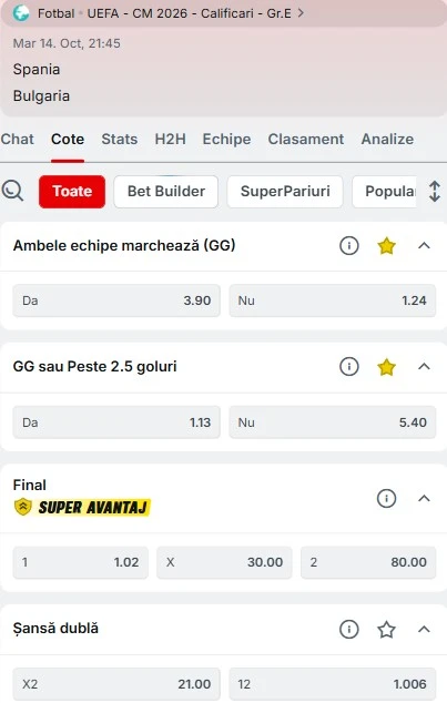Cote pariuri Spania vs Bulgaria