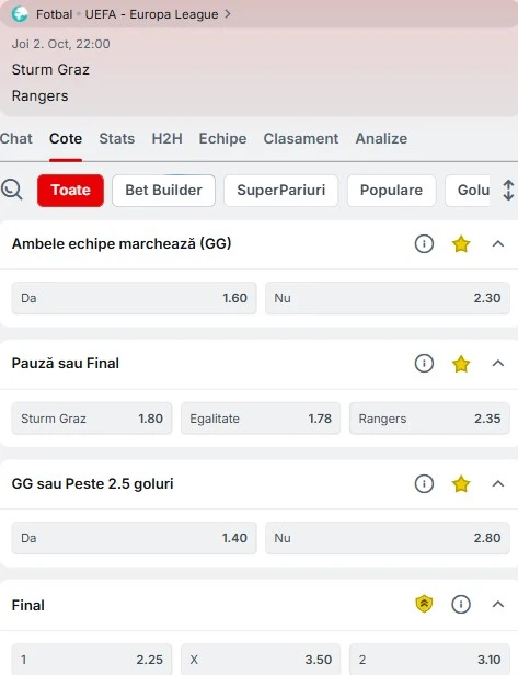 Cote pariuri Sturm Graz vs Rangers