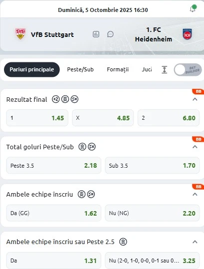 Cote pariuri Stuttgart - Heidenheim