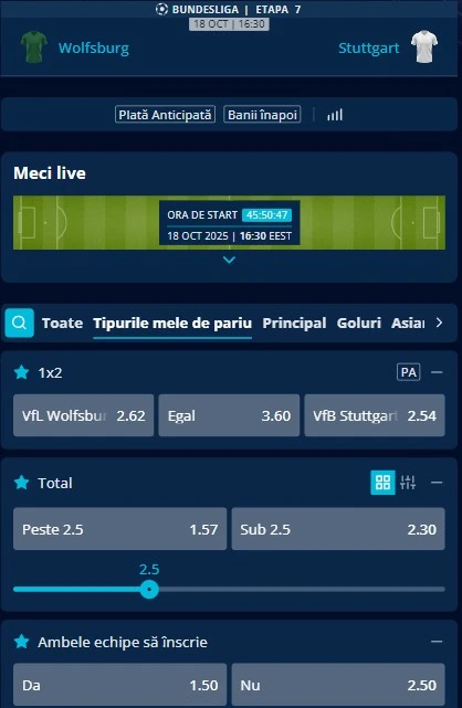 Cote pariuri Wolfsburg - Stuttgart