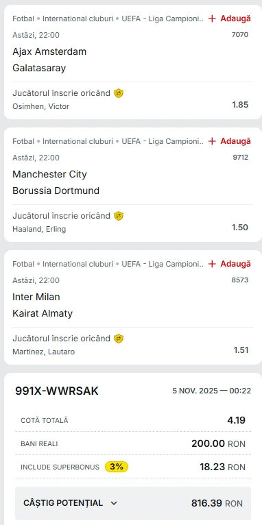 Biletul Zilei bazat pe marcatori 05.11.2025