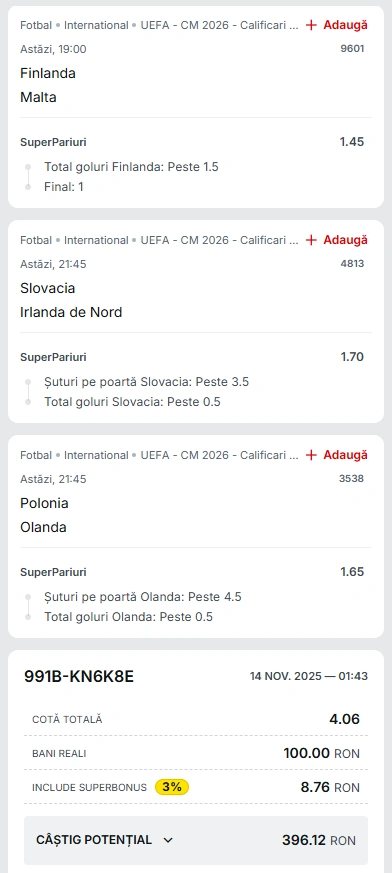 Biletul Zilei din Super Pariuri 14.11.2025