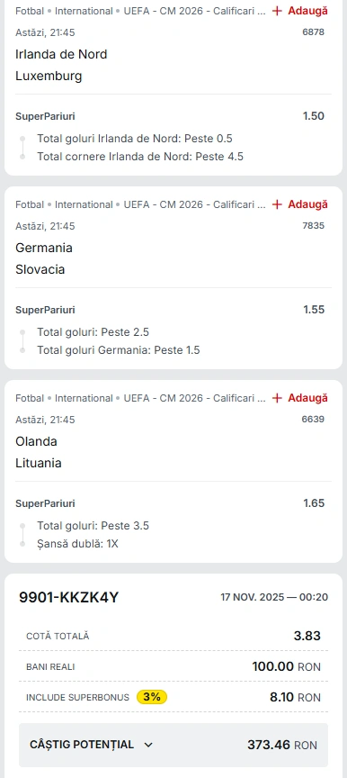 Biletul Zilei din Super Pariuri 17.11.2025