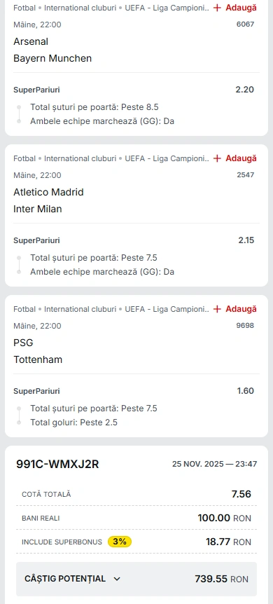 Biletul Zilei din Super Pariuri 26.11.2025