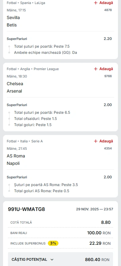 Biletul Zilei din Super Pariuri 30.11.2025
