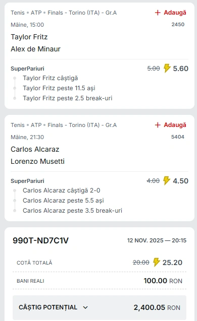 Biletul Zilei din Tenis 13.11.2025