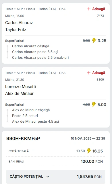 Biletul Zilei din tenis 11 noiembrie 2025