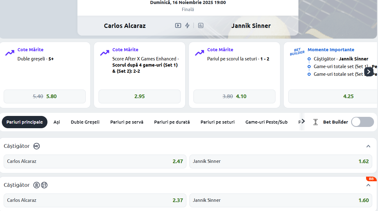 Cote Pariuri Carlos Alcaraz vs Jannik Sinner