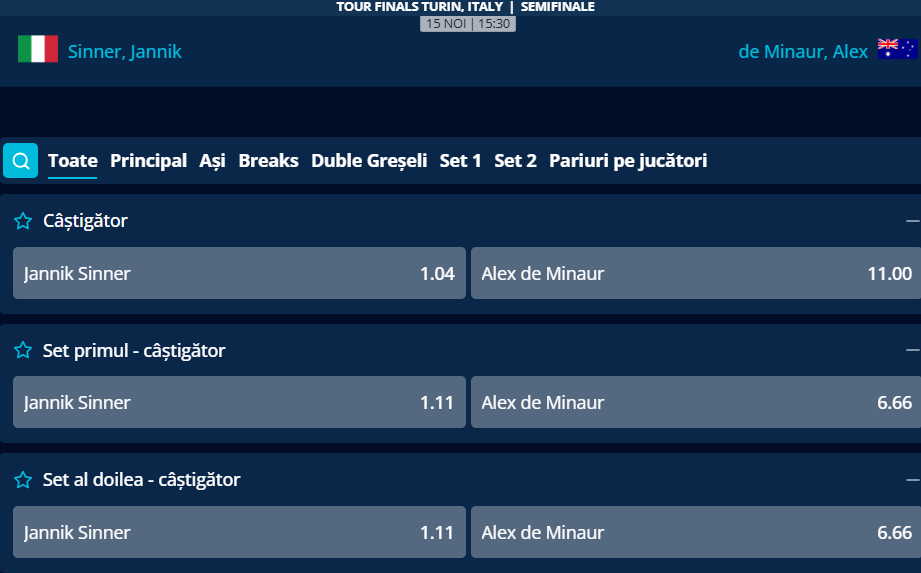 Cote Pariuri Jannik Sinner vs Alex De Minaur