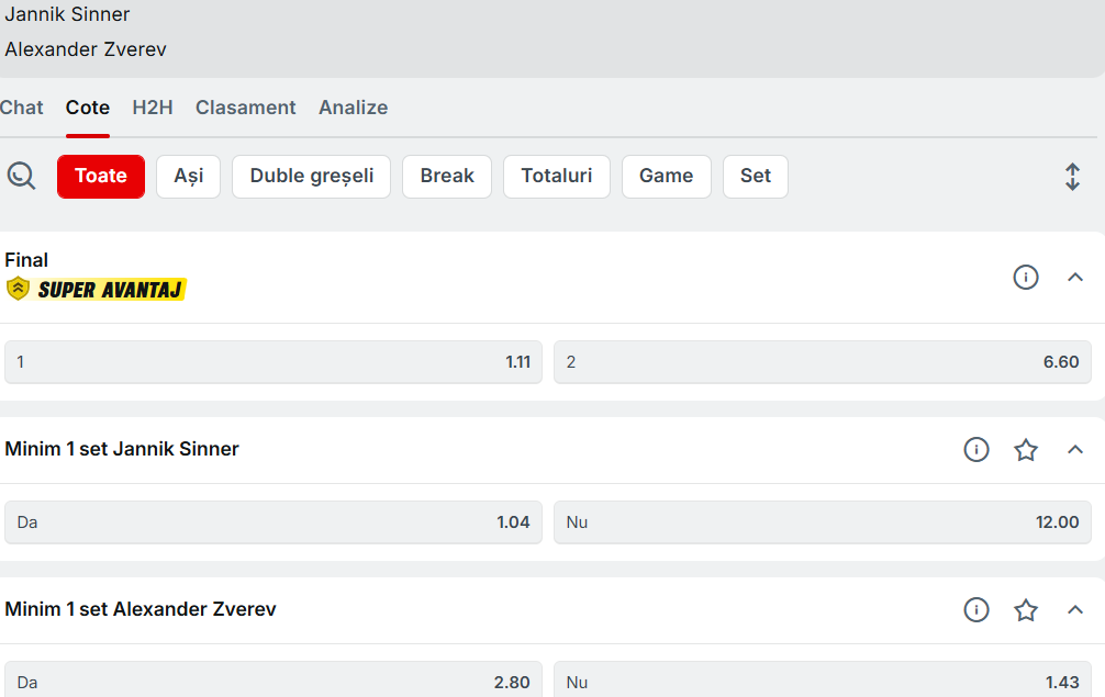 Cote Pariuri Jannik Sinner vs Alexander Zverev