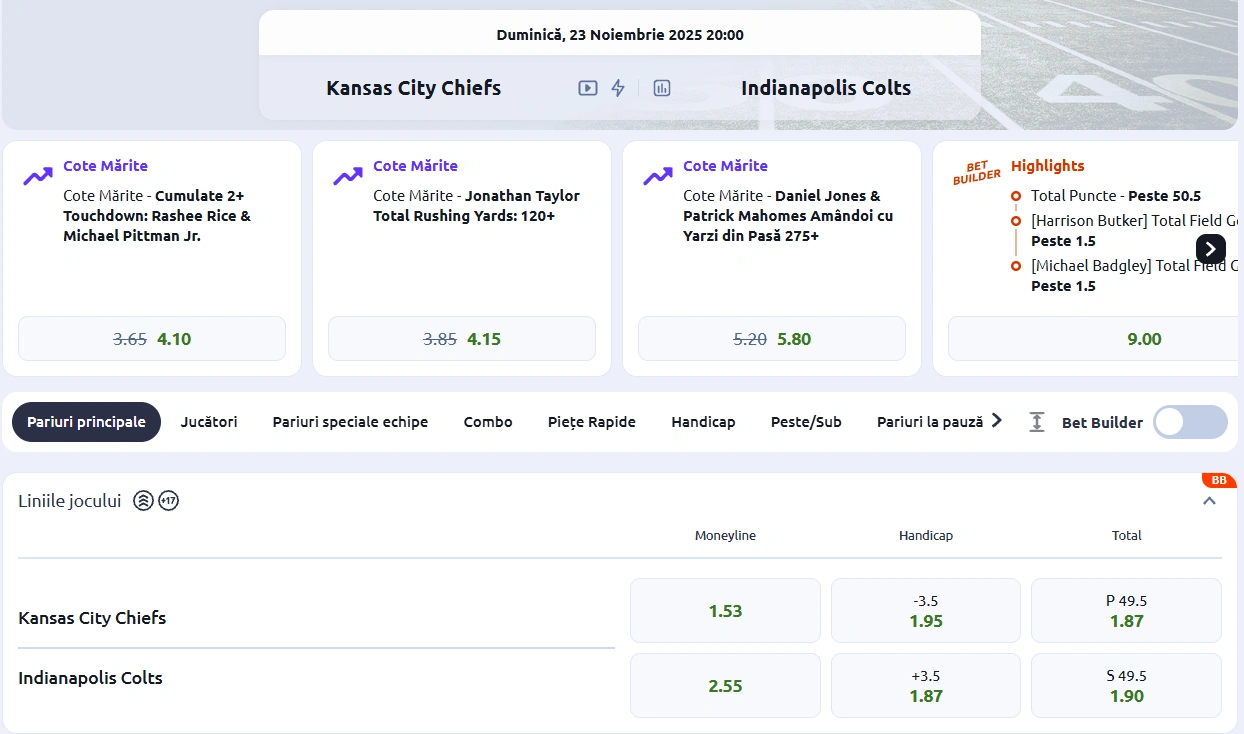 Cote Pariuri Kansas vs Colts - NFL