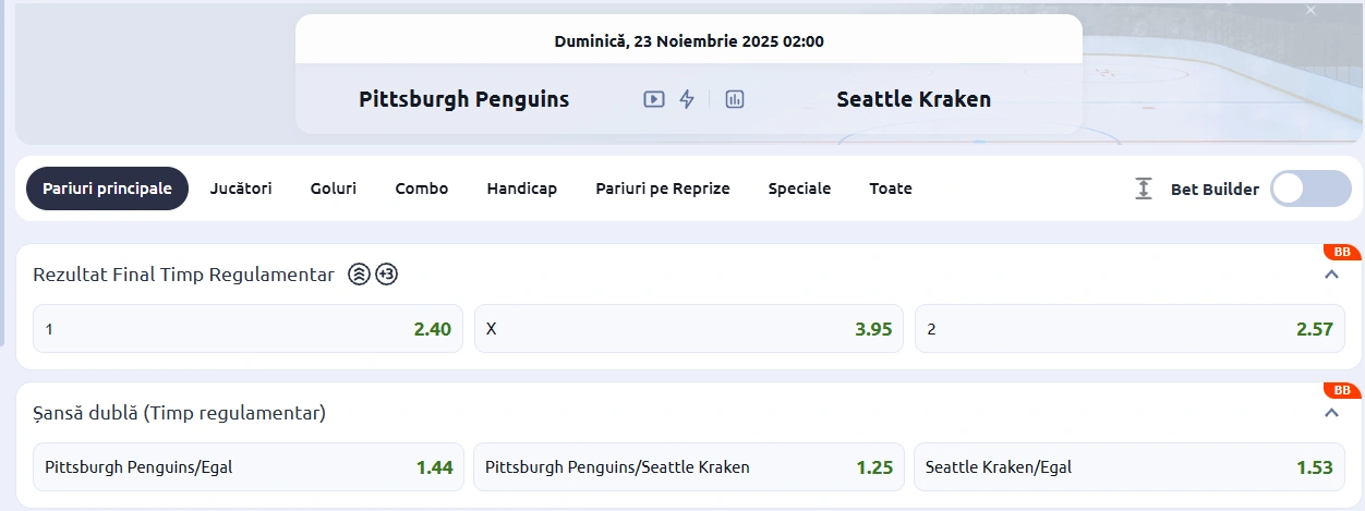 Cote Pariuri Pittsburgh vs Seattle - NHL