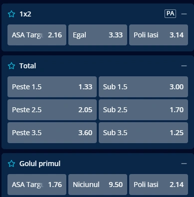 Cote pariuri ASA Targu Mures vs Poli Iasi la Mr Bit