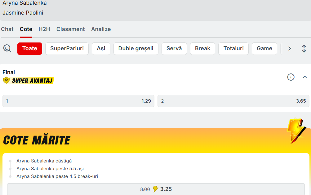 Cote pariuri Aryna Sabalenka vs Jasmine Paolini