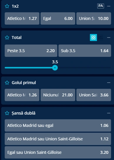 Cote pariuri Atletico Madrid vs Royale Union la Mr Bit