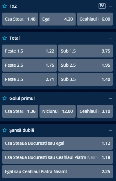 Cote pariuri CSA Steaua vs Ceahlaul la Mr Bit