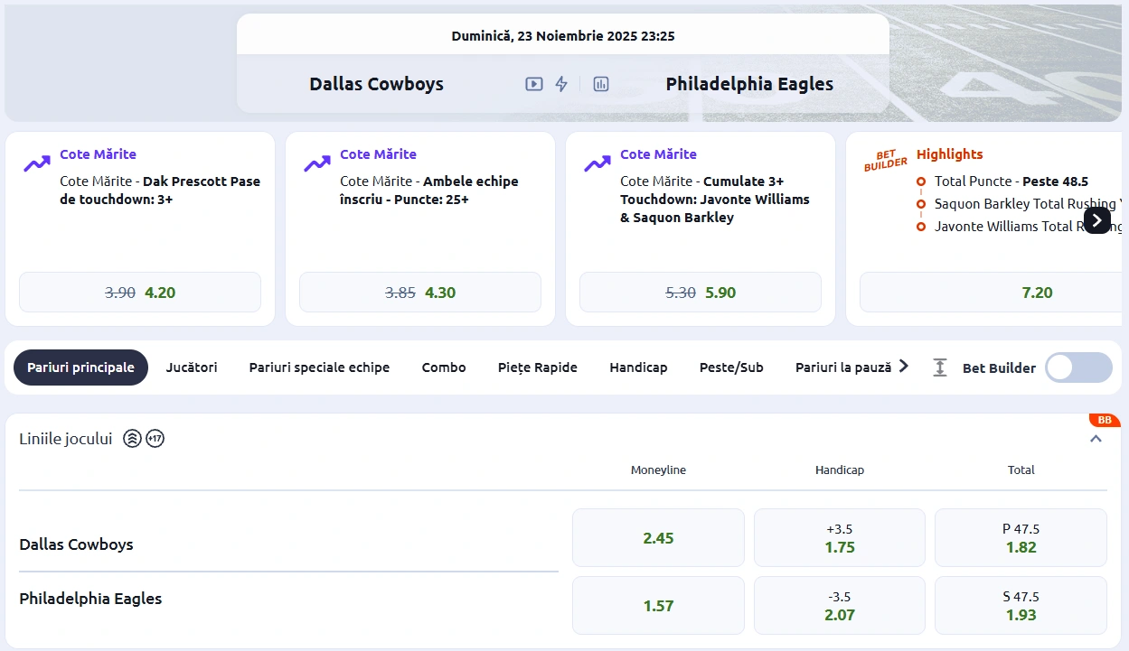 cote pariuri Dallas Cowboys vs Philadelphia Eagles