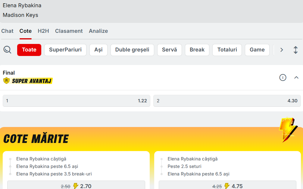 Cote pariuri Elena Rybakina vs Madison Keys