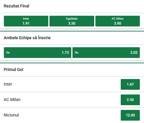 Cote pariuri Inter Milan vs AC Milan la Unibet