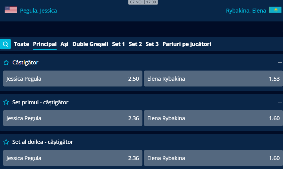 Cote pariuri Jessica Pegula vs Elena Rybakina