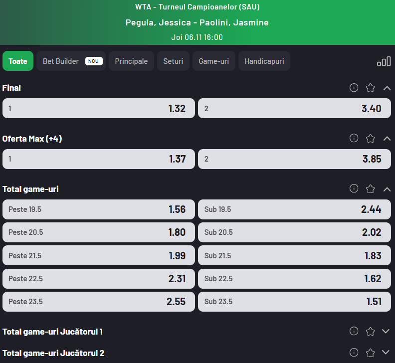 Cote pariuri Jessica Pegula vs Jasmine Paolini
