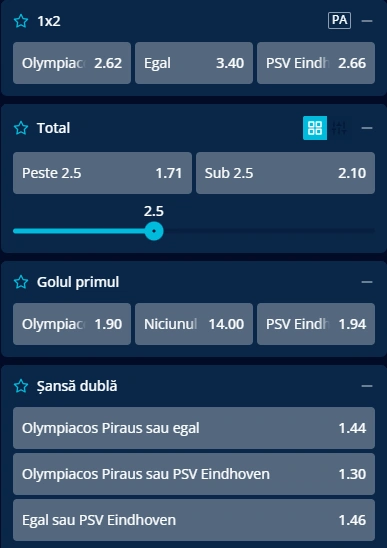 Cote pariuri Olympiakos vs PSV la Mr Bit