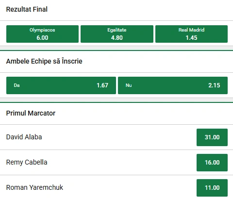 Cote pariuri Olympiakos vs Real Madrid la Unibet