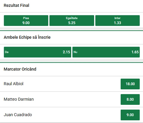 Cote pariuri Pisa vs Inter Milan la Unibet