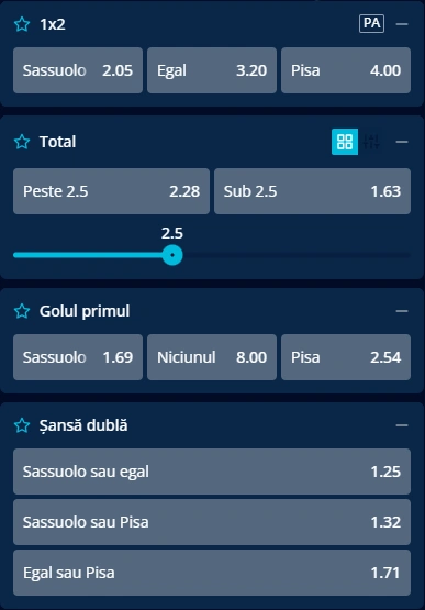 Cote pariuri Sassuolo vs Pisa la Mr Bit