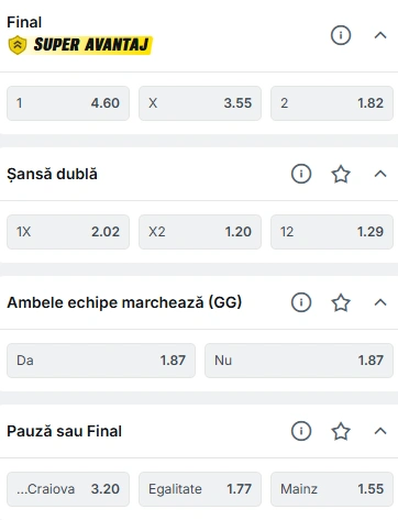 Cote pariuri Universitatea Craiova vs Mainz la Superbet