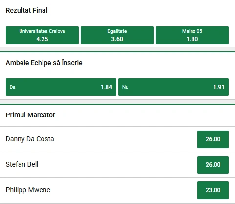 Cote pariuri Universitatea Craiova vs Mainz la Unibet