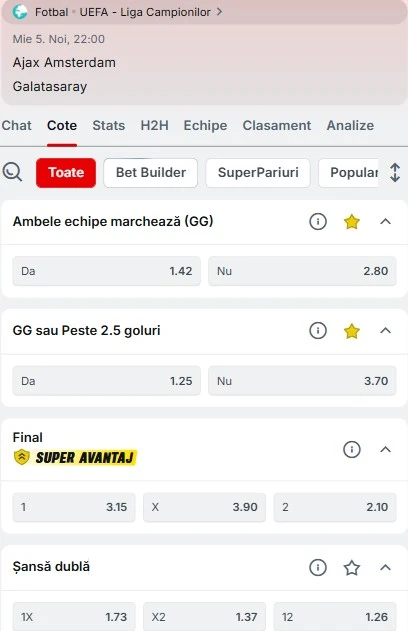 Cote pariuri Ajax vs Galatasaray