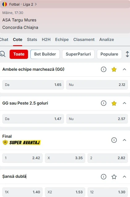 Cote pariuri ASA Târgu Mureș - Concordia Chiajna