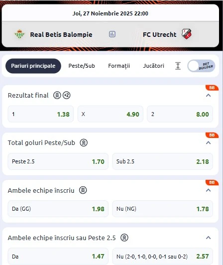 Cote pariuri Betis - Utrecht