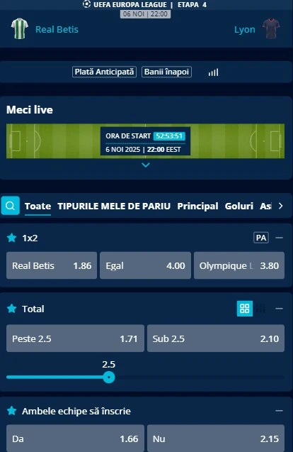 Cote pariuri Betis vs Lyon