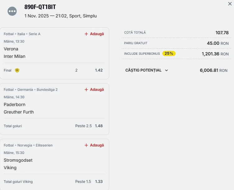 Bilet pariu șansă Superbet 02.11.2025