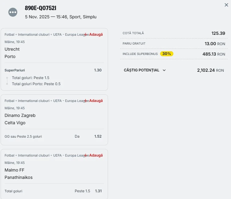 Bilet pariu șansă Superbet 06.11.2025