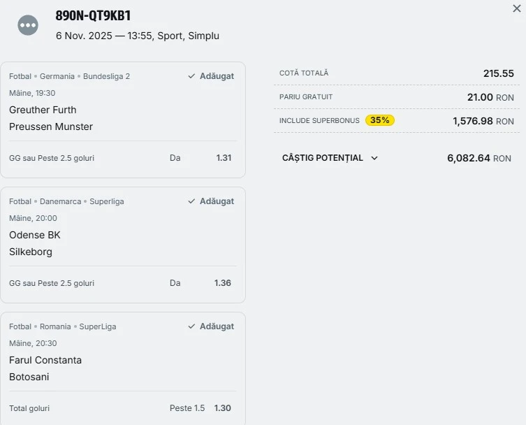 Bilet pariu șansă Superbet 07.11.2025