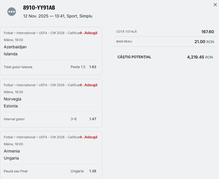 Bilet pariu șansă Superbet 13.11.2025