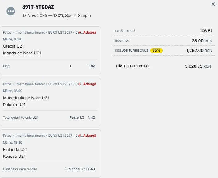 Bilet pariu șansă Superbet 18.11.2025