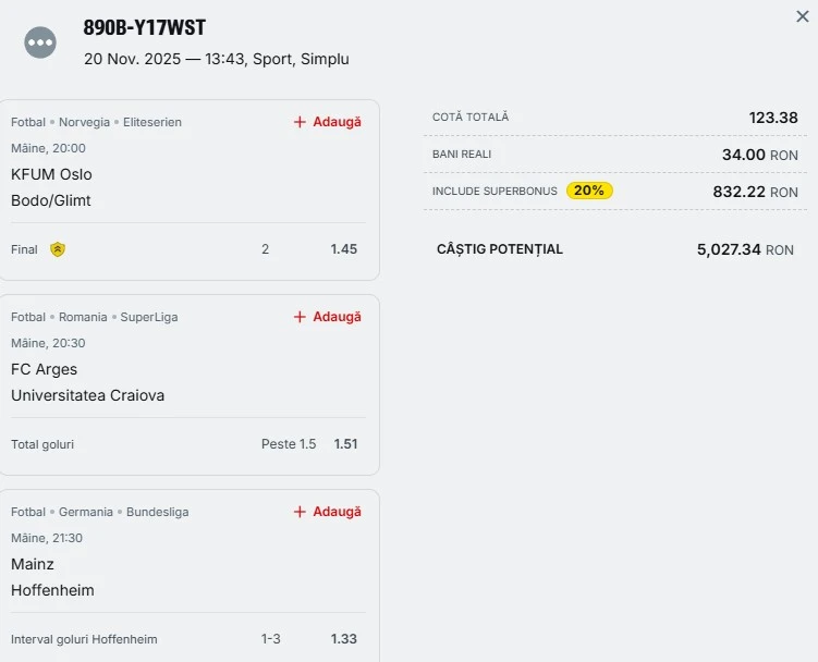 Bilet pariu șansă Superbet 21.11.2025