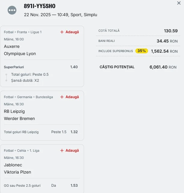 Bilet pariu șansă Superbet 23.11.2025