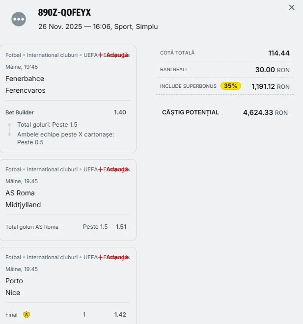 Bilet pariu șansă Superbet 27 noiembrie 2025